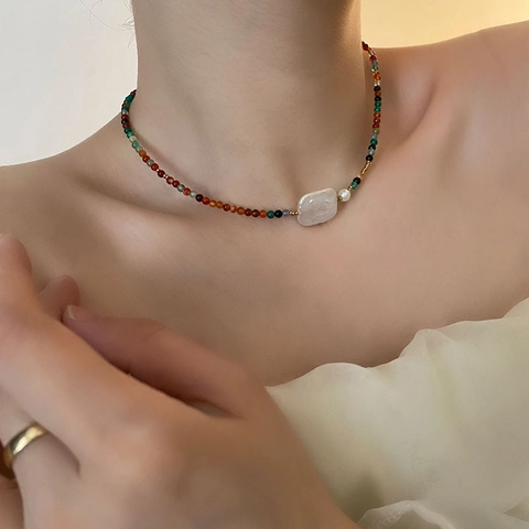 Baroque Freshwater Pearl Colorful Natural Stone Beads Necklace Titanium Steel Irregular Beaded Clavicle Chain Women