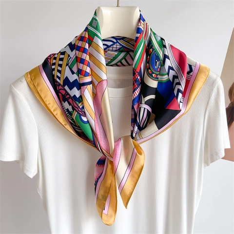 Square Scarf Satin Polyester Geometric Leopard Print Luxury Fashion Neck Head Wrap Retro Style For Women