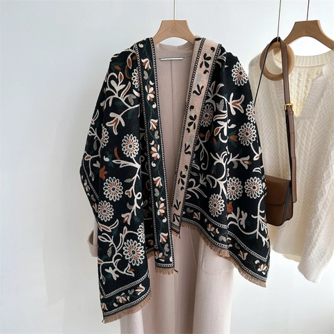 Scialle Sciarpa In Imitazione Cashmere Con Motivo Floreale Etnico Doppia Faccia Caldo Con Nappine Inverno Per Donna Stile Vintage
