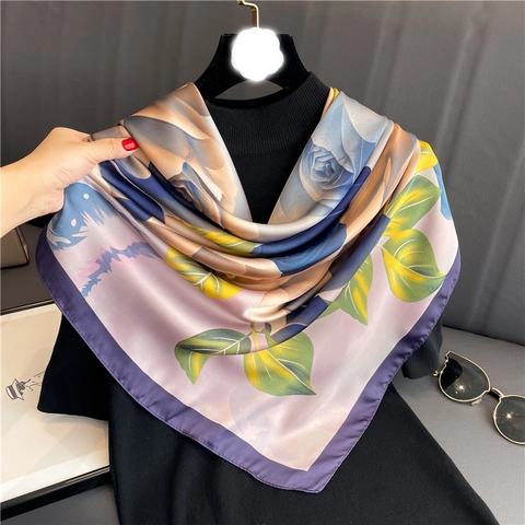 Large Square Scarf Floral Print Satin Polyester Shawl Elegant Women Headwrap Fashion Versatile Accessory