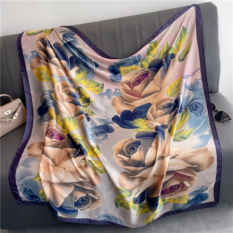 Large Square Scarf Floral Print Satin Polyester Shawl Elegant Women Headwrap Fashion Versatile Accessory