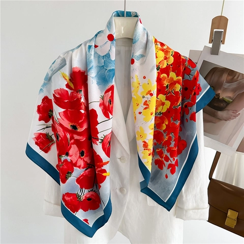 Women Large Square Scarf Floral Print Polyester Satin Satin Twill Elegant Fashion Shawl Travel Soft Smooth Accessory