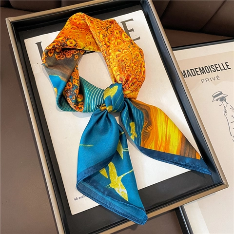 Elegante Foulard Quadrato In Raso Poliestere Stampa Albero Dei Soldi Motivo Monete D'oro Moda Sciarpa Da Collo Per Donna