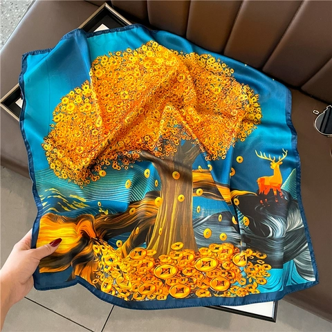 Elegante Foulard Quadrato In Raso Poliestere Stampa Albero Dei Soldi Motivo Monete D'oro Moda Sciarpa Da Collo Per Donna