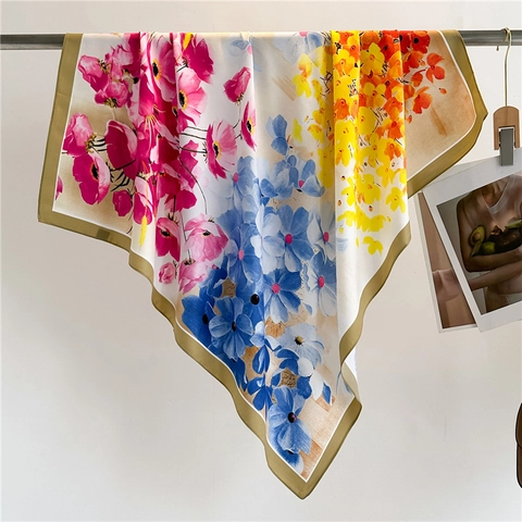 Women Large Square Scarf Floral Print Polyester Satin Satin Twill Elegant Fashion Shawl Travel Soft Smooth Accessory