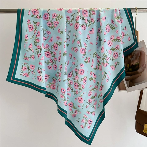 Donna Grande Sciarpa Quadrata Poliestere Effetto Raso Stampa Floreale Elegante Francese Protezione Solare Twill Viaggio Moda