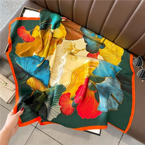 Square Scarf Satin Satin-Like Gingko Leaf Print Contrast Color Edge Headscarf Shawl Elegant Neck Scarf For Women