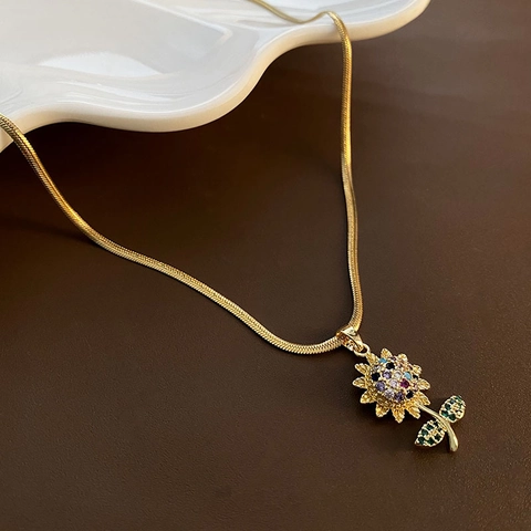 Sunflower Pendant Necklace Titanium Steel Copper Colorful Zircon Gold Plated Snake Chain Fashion Jewelry Women