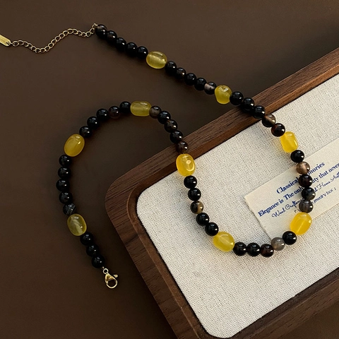 Collana Di Perle Fatta A Mano Acciaio Titanio Retro Resina Gialla Pietra Nera Perle Catena Clavicola Gioielli Donna Elegante