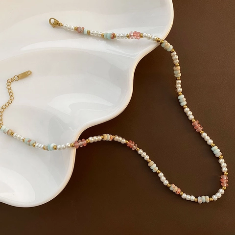Titanium Steel Natural Stone Beaded Necklace For Women Elegant Pearl Choker Necklaces Handmade Fashion Commute Jewelry Gift