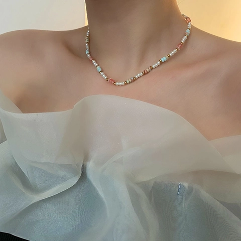 Titanium Steel Natural Stone Beaded Necklace For Women Elegant Pearl Choker Necklaces Handmade Fashion Commute Jewelry Gift