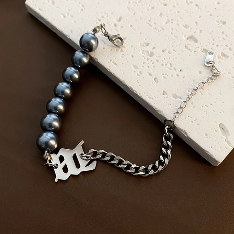 Gothic Titanium Steel Spliced Bracelet With Grey Faux Artificial Pearl And Initial Pendant Hip Hop Punk Unisex Jewelry
