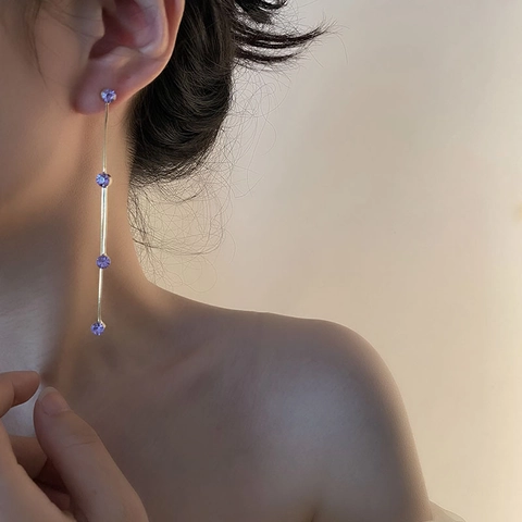 Pendientes de Borla Larga de Cobre Con Poste de Plata de Ley 925 Zirconia Pendientes Colgantes Asimétricos Para Mujer