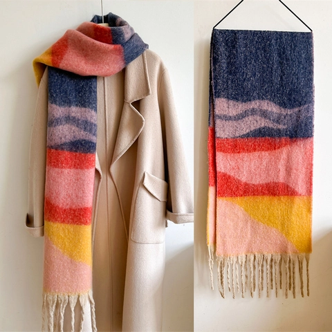 Winter Scarf Color Block Thickened Warm Imitation Cashmere Long Neck Wrap With Tassels Geometric Vintage For Women Men