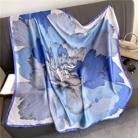 Large Square Scarf Floral Print Polyester Satin Like Satin Elegant Shawl Wrap Headscarf For Women