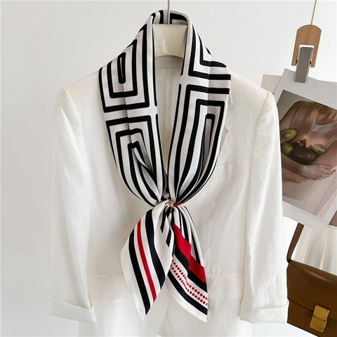 Eleganter Satin Quadratischer Schal Geometrisches Mäander Muster Streifen Druck Weich Köperbindung Damen Büro Reise Dekor