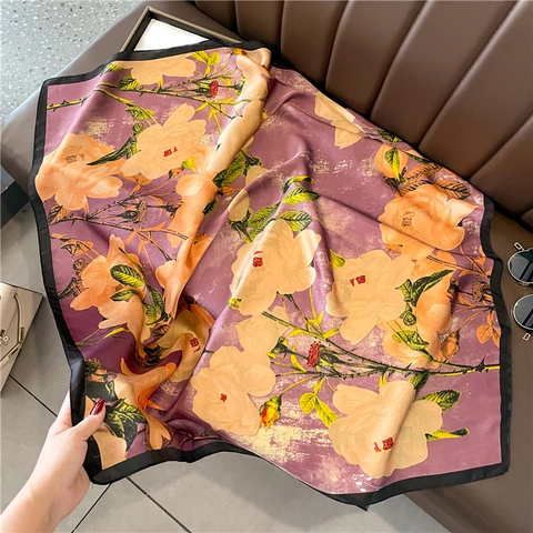 Large Floral Print Square Scarf Imitation Satin Satin Elegant Retro Style Headwrap For Women