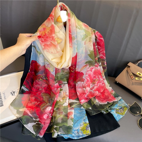 Elegante Damessjaal Met Pioenbloemenprint Grote Lichtgewicht Polyester Sjaal Zonbescherming