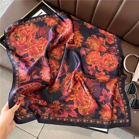 Floraler Pfingstrosen Druck Köper Polyester Schal Elegant Vintage Satin Finish Quadratisches Kopftuch Für Damen