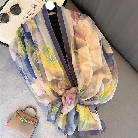 Large Rose Flower Print Scarf For Women Polyester Faux Satin Lightweight Sun Protection Shawl Elegant Wrap