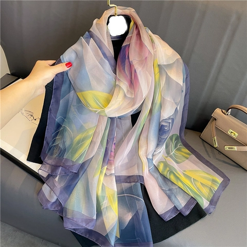 Large Rose Flower Print Scarf For Women Polyester Faux Satin Lightweight Sun Protection Shawl Elegant Wrap