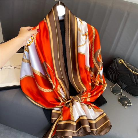 Grande Sciarpa In Raso Di Raso Donne Moda Stampa Catena Nautica Scialle Wrap Leggero Sottile Per Spiaggia Vacanze
