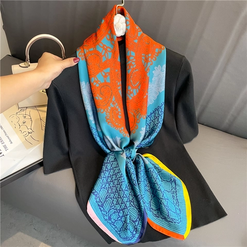 Large Square Scarf Women Satin Polyester Printed Baroque Paisley Pattern Sun Protection Fashion Shawl Headscarf Wrap