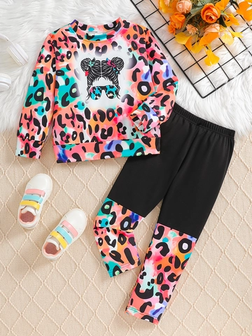 Girls Colorful Leopard Print Long Sleeve Sweatshirt And Pants Casual Outfit Cartoon Character
