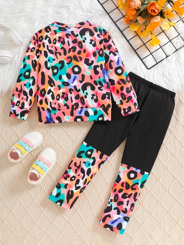 Girls Colorful Leopard Print Long Sleeve Sweatshirt And Pants Casual Outfit Cartoon Character