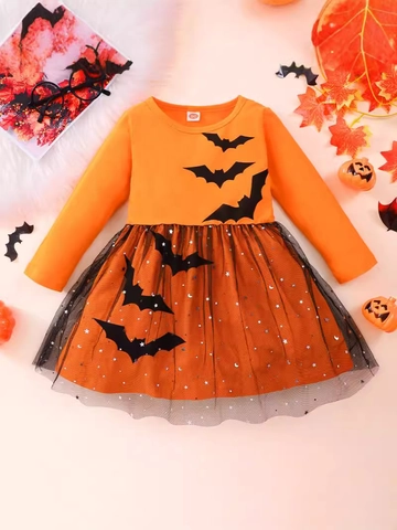 Girls Halloween Bat Dress Long Sleeve Cotton Mesh Star Moon Sequins Princess Holiday Costume