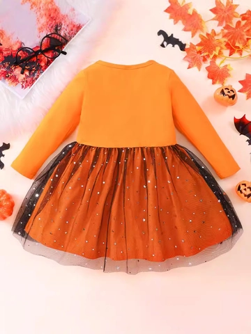 Girls Halloween Bat Dress Long Sleeve Cotton Mesh Star Moon Sequins Princess Holiday Costume