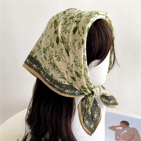 Square Scarf Women Satiny Polyester Bandana French Retro Toile De Jouy Print Vintage Neckerchief Fashion Head Wrap