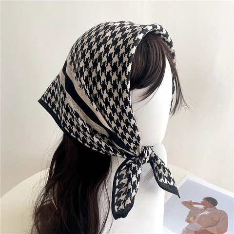 Foulard Quadrato Con Motivo Pied De Poule Poliestere Satin Effetto Raso Bandana Stampa Geometrica Sciarpa Sottile Donna