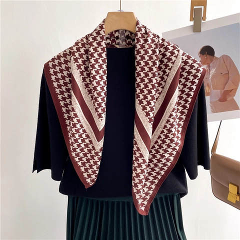 Foulard Quadrato Con Motivo Pied De Poule Poliestere Satin Effetto Raso Bandana Stampa Geometrica Sciarpa Sottile Donna