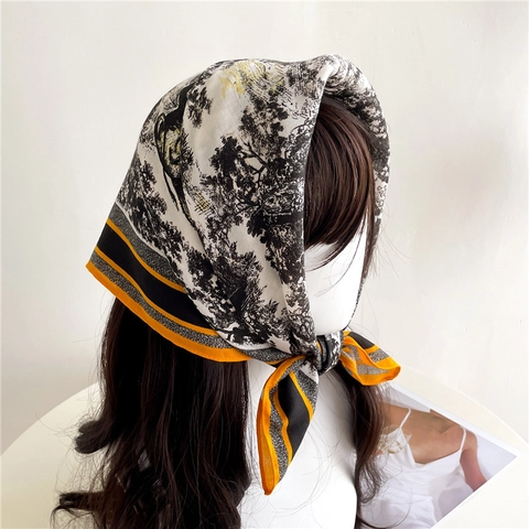 French Vintage Toile De Jouy Print Square Scarf Satin Feeling Polyester Neck Bandana Lightweight Animal Forest Pattern