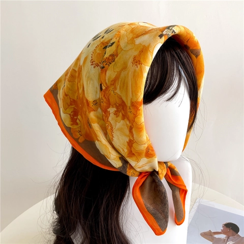 Floral Print Square Scarf Elegant Satin Feeling Neck Wrap Luxury Retro Flower Bird Pattern Headscarf For Women
