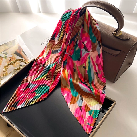 Women Pleated Square Scarf Elegant Color Block Print Polyester Faux Satin Neckerchief Fashion Accessories