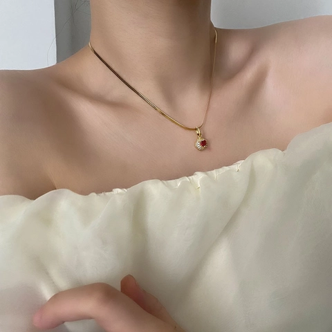 Heart Pendant Necklace Titanium Steel Snake Chain With Red Zircon Elegant Clavicle Chain Jewelry For Women