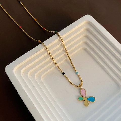 Butterfly Pendant Necklace Stainless Steel Colorful Enamel Multi-colored Beads Dainty Chain Fashion Jewelry For Women