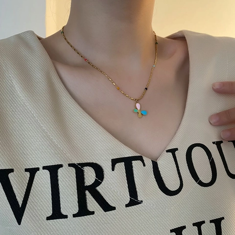 Butterfly Pendant Necklace Stainless Steel Colorful Enamel Multi-colored Beads Dainty Chain Fashion Jewelry For Women