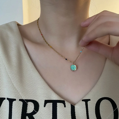 Square Smiling Face Pendant Necklace Gold Plated Stainless Steel With Colorful Enamel Beads Trendy Jewelry For Women