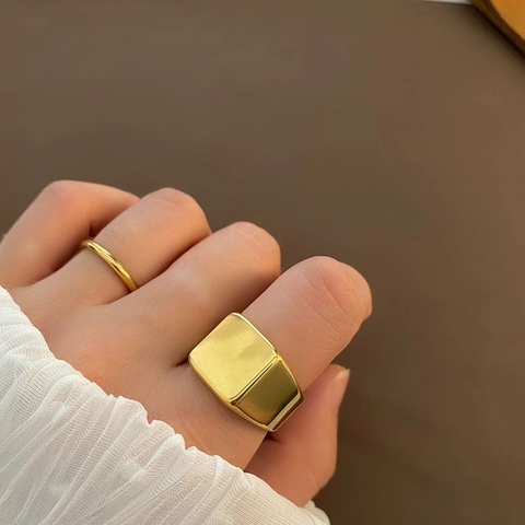 Anello Sigillo Minimalista E Fascia Sottile Acciaio Titanio Gioielli Di Moda Geometrici Quadrati Lucidati Unisex