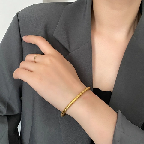 Cuff Bangle Bracelet Titanium Steel Open Adjustable Asymmetrical Snake Bone Texture Minimalist Jewelry For Women