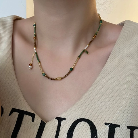 Retro Beaded Necklace Titanium Steel With Artificial Pearls Colorful Asymmetric Bohemian Style Jewelry For Women