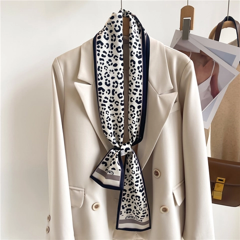 Elegante Smalle Satijnachtige Satijnen Sjaal Voor Dames Luipaardprint Ruiterpatroon Haarband Handtas Lint Stropdas