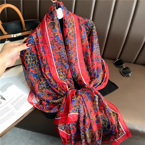 Large Floral Print Shawl Polyester Faux Satin Lightweight Elegant Retro Flower Pattern For Women Summer Sun Protection Gauze