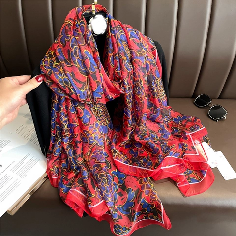 Large Floral Print Shawl Polyester Faux Satin Lightweight Elegant Retro Flower Pattern For Women Summer Sun Protection Gauze