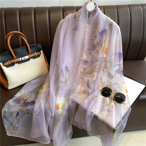 Large Floral Satin Scarf Women Magnolia Print Polyester Lightweight Sun Protection Shawl Wrap Oversized Summer