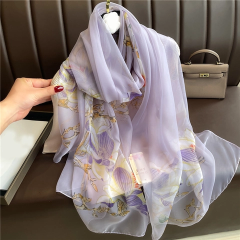 Large Floral Satin Scarf Women Magnolia Print Polyester Lightweight Sun Protection Shawl Wrap Oversized Summer