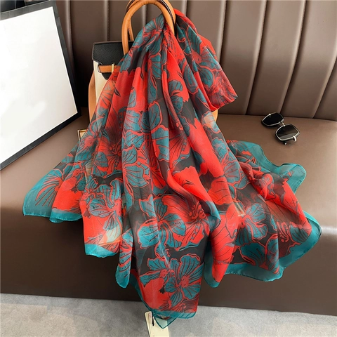 Women Large Floral Print Satin Long Scarf Elegant Lightweight Sun Protection Shawl Polyester Wrap For Travel Daily Wear